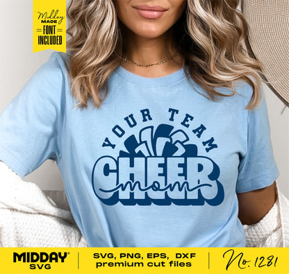 Cheer Mom shirt design with pom-poms, available in SVG, PNG, EPS, DXF formats for Cricut and sublimation projects.