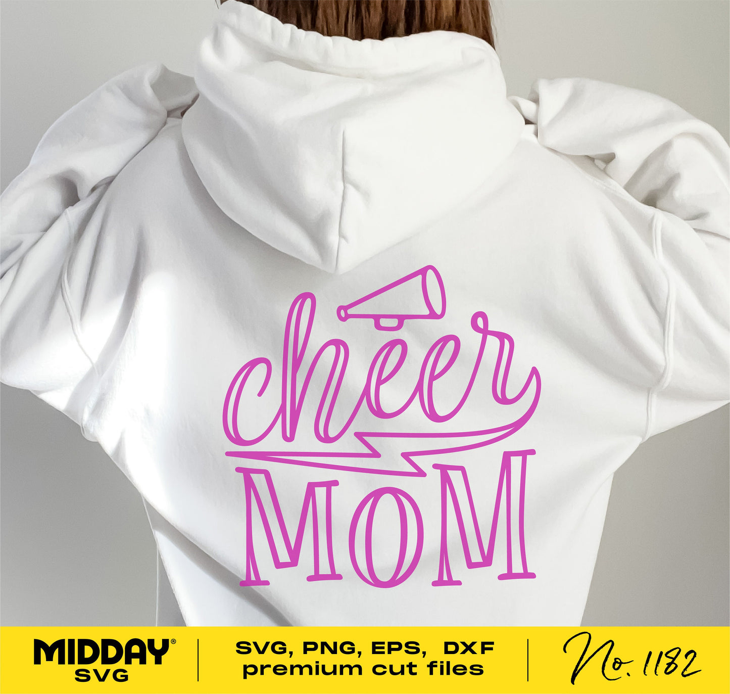 Back of white hoodie with pink 'Cheer Mom' SVG design, featuring lightning bolt and cheer cone, ideal for Cricut and sublimation projects.
