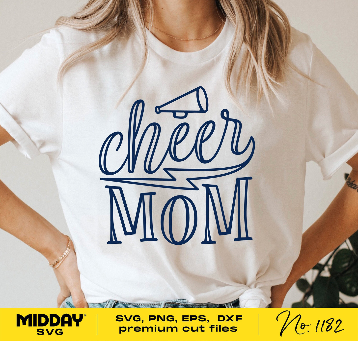 Quirky Cheer Mom shirt design featuring cheer cone and lightning bolt, perfect for Cricut, sublimation, and DIY crafts.