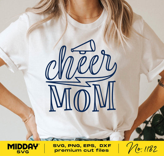 Quirky Cheer Mom shirt design featuring cheer cone and lightning bolt, perfect for Cricut, sublimation, and DIY crafts.