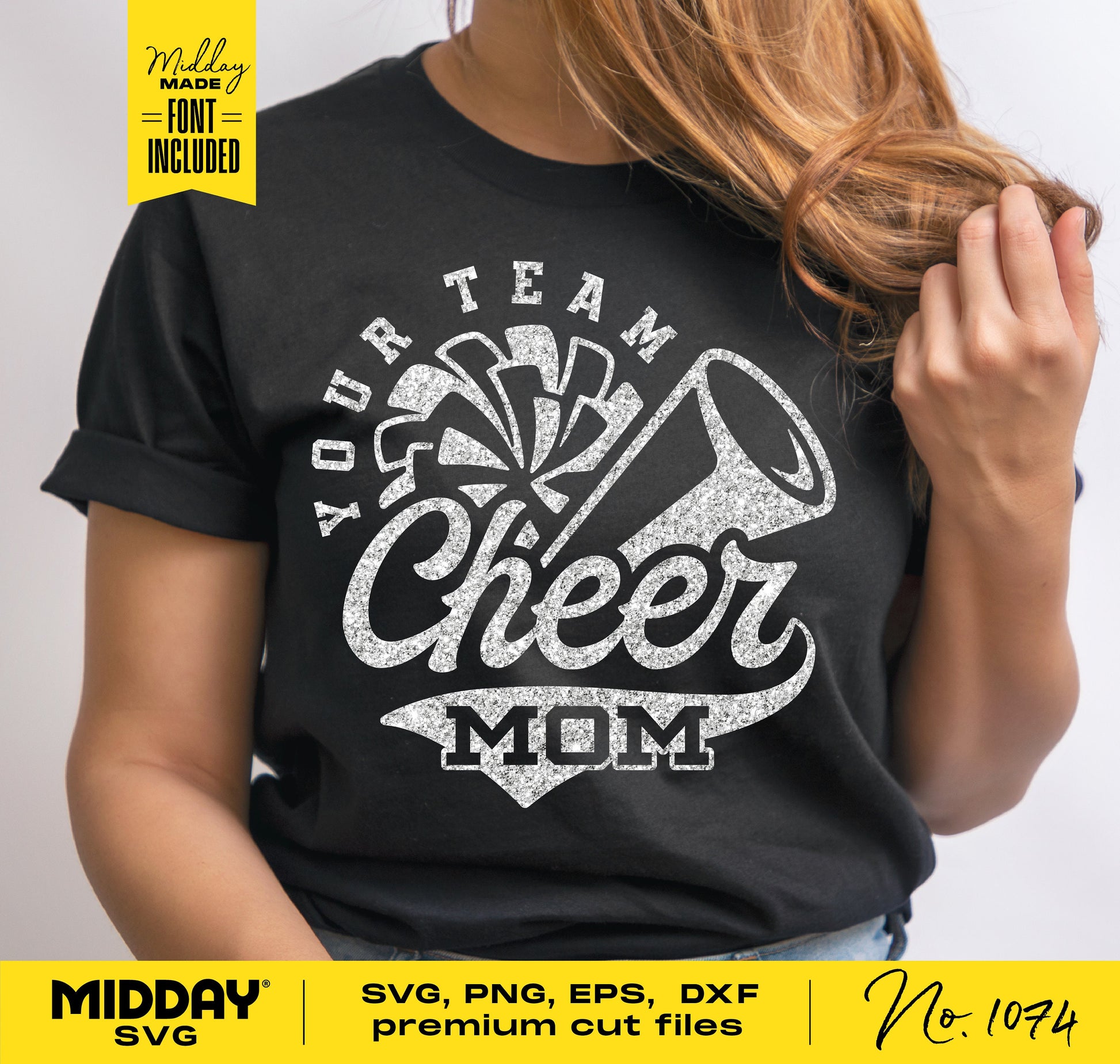 Cheer Mom SVG design on black t-shirt, includes pom-pom and megaphone graphic, compatible with Cricut and Silhouette.