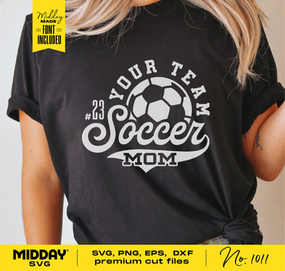 Black t-shirt with 'Your Team Soccer Mom' design, featuring a soccer ball graphic, part of the Soccer Mom SVG Bundle for Cricut and sublimation.