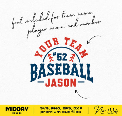 Customizable baseball SVG design with team name and player number, includes font for DIY crafting, suitable for Cricut and other applications.