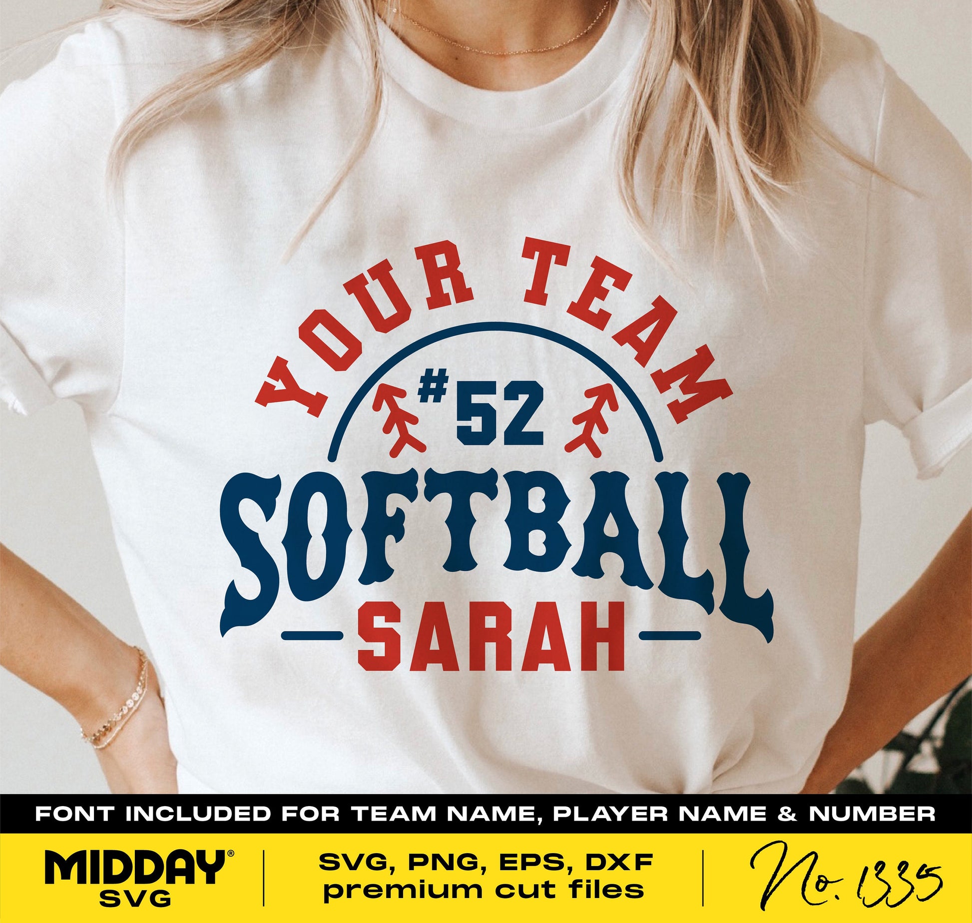 Woman wearing a customizable softball team shirt design, displaying 'Your Team' with a name and number, for Cricut crafting, SVG format.