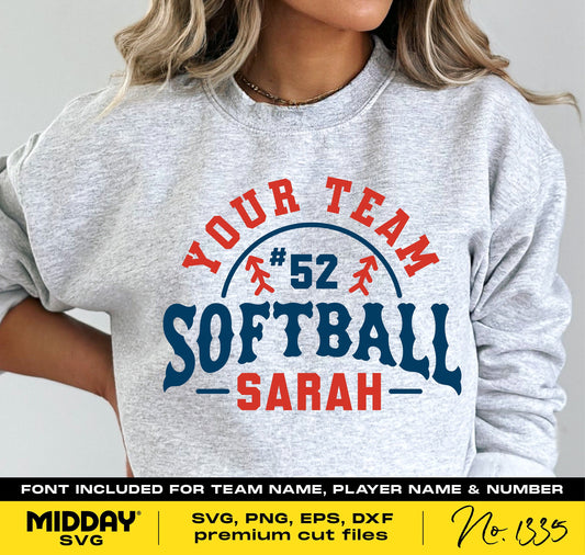 Softball Mom Shirt Design with customizable team name, player number, and name in SVG format for Cricut craft projects.