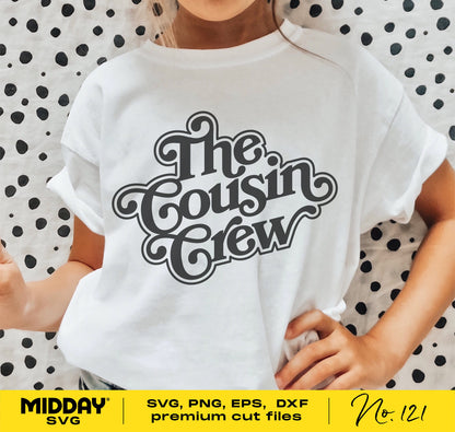 Child wearing 'Cousin Crew' shirt with SVG, PNG, EPS, DXF design on polka dot background, ideal for family reunion or cousin squad.