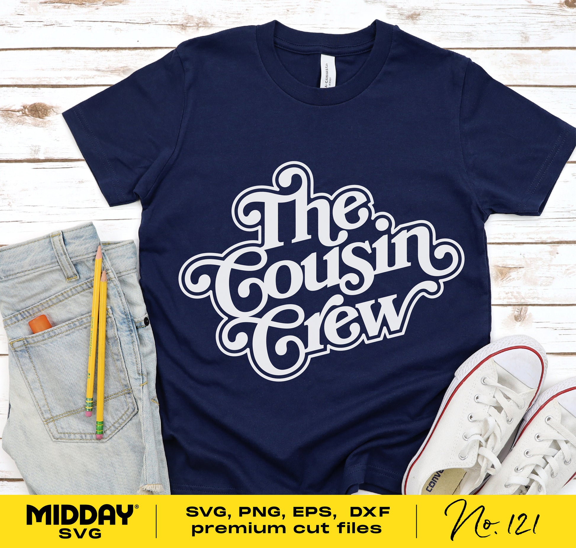 Navy 'The Cousin Crew' shirt with jeans and sneakers, perfect for family reunions, featuring SVG, PNG, DXF, EPS files for Cricut and Silhouette.