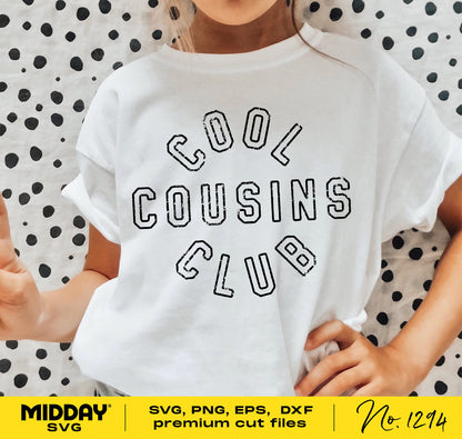 Child wearing Cool Cousins Club shirt, showcasing family reunion design, ideal for Cricut and Silhouette crafting with SVG, PNG, DXF files.