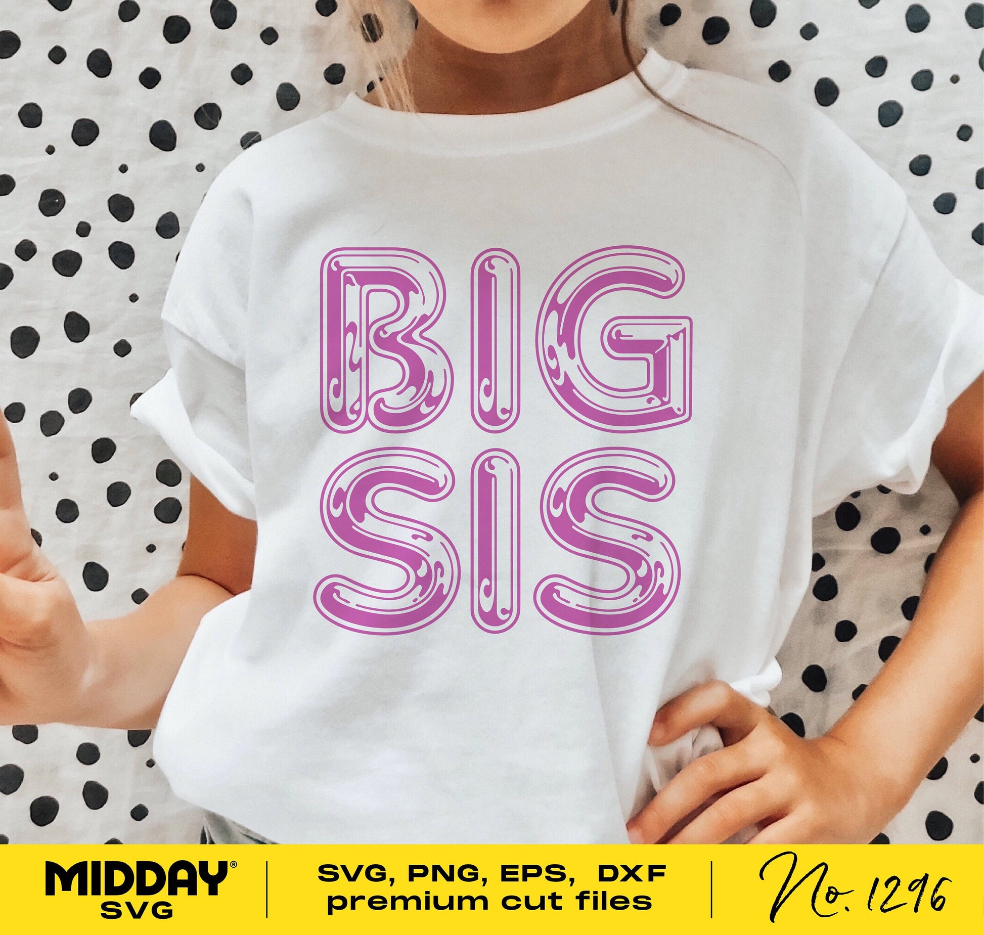 Girl wearing white t-shirt with 'Big Sis' design in purple, ideal for family and sister-themed shirts, compatible with Cricut and Silhouette.