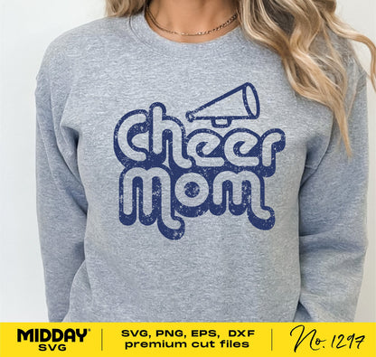 Gray sweater with 'Cheer Mom' design featuring a megaphone, ideal for Cricut and sublimation projects.
