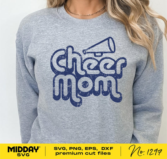 Gray sweater with 'Cheer Mom' design featuring a megaphone, ideal for Cricut and sublimation projects.