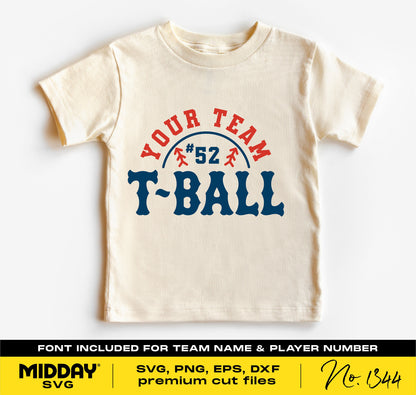 T-Ball team shirt design with customizable team name and player number, featuring SVG, PNG, EPS, DXF formats for Cricut and sublimation.