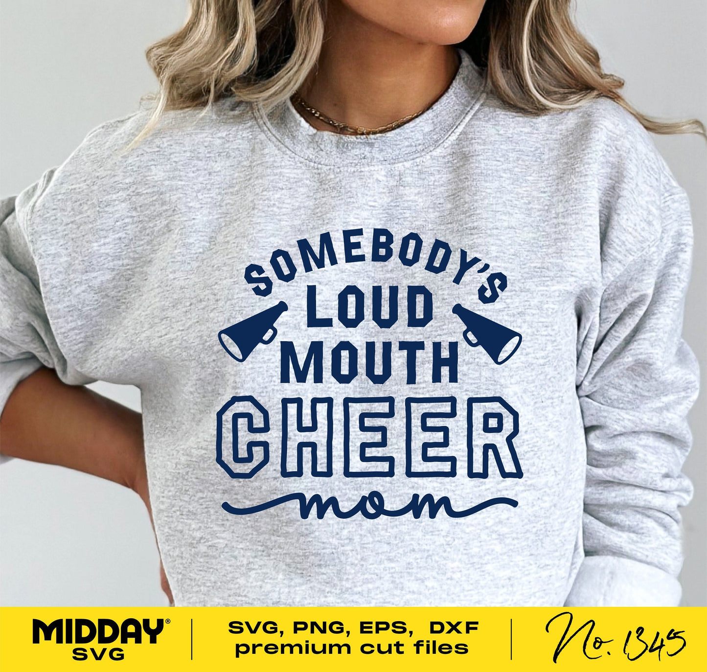 Gray sweatshirt reading 'Somebody's Loud Mouth Cheer Mom' with cheerleading graphics, ideal for DIY Cricut projects.