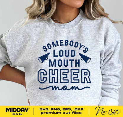 Gray sweatshirt reading 'Somebody's Loud Mouth Cheer Mom' with cheerleading graphics, ideal for DIY Cricut projects.