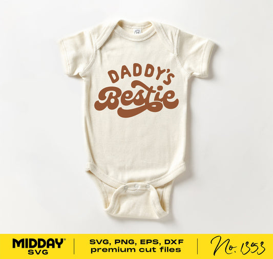 Boho retro baby onesie with 'Daddy's Bestie' in brown text, perfect for Father's Day gift and sublimation projects.
