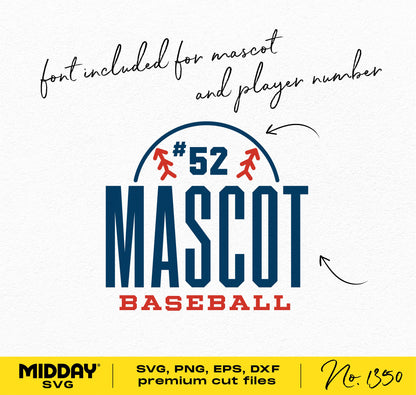 Baseball mascot graphic design with customizable font for players, includes SVG, PNG, EPS, DXF formats by MIDDAY SVG.