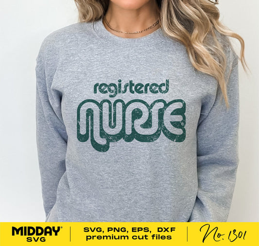 Woman wearing a gray sweatshirt with 'Registered Nurse' print, showcasing SVG cut file design for Cricut and sublimation projects.