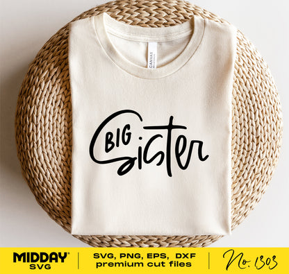 Big Sister SVG design on a white T-shirt, perfect for pregnancy announcements and Cricut projects. Available in SVG, PNG, EPS, DXF formats.