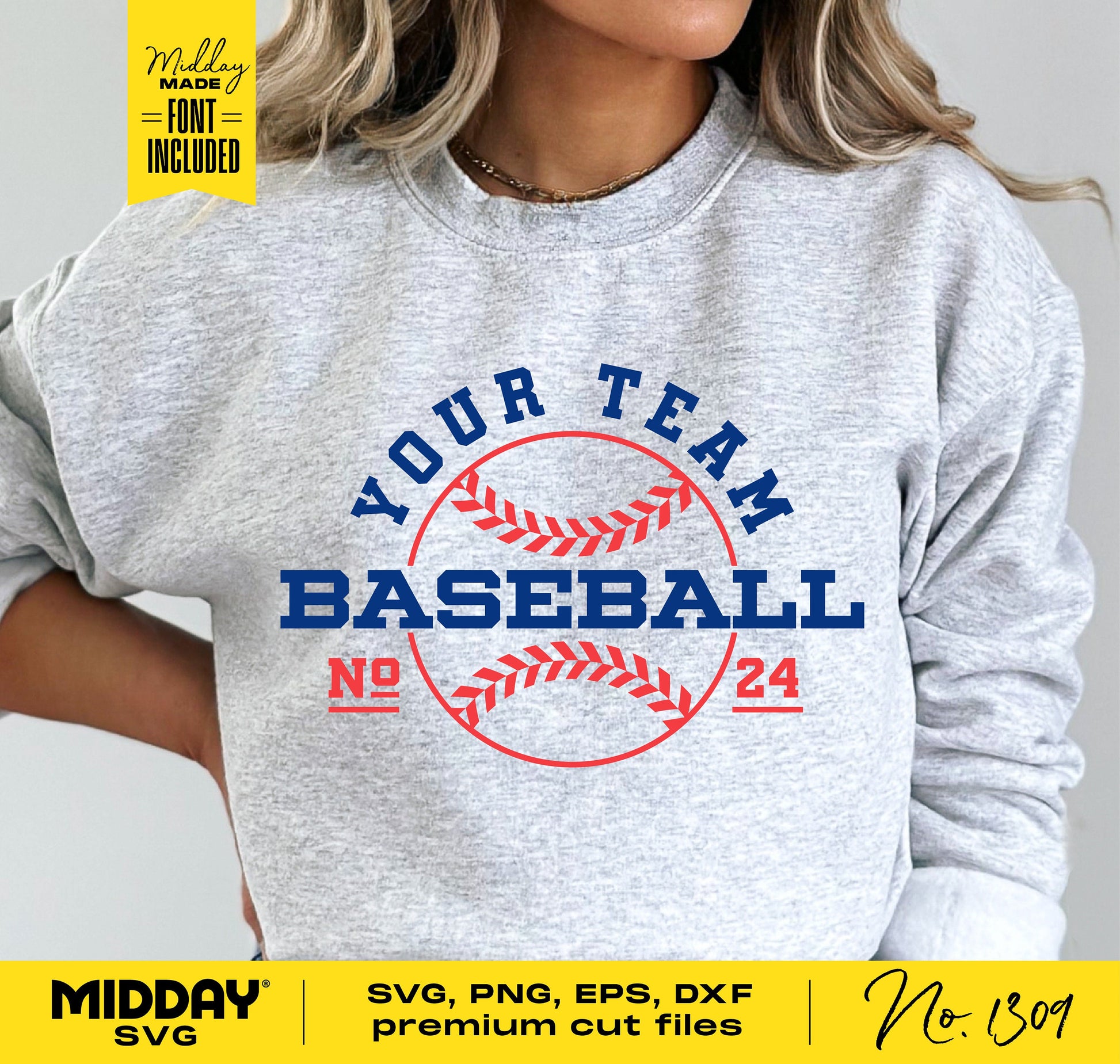 Gray sweatshirt featuring 'Your Team Baseball' design with red and blue text, number 24, baseball graphic, for SVG, PNG, EPS, DXF formats.