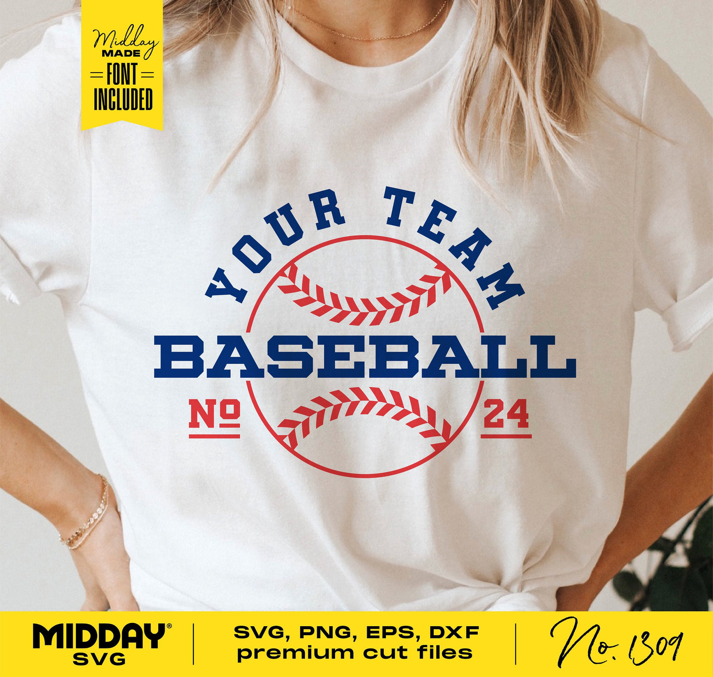 Person wearing a t-shirt with custom baseball team design, available in SVG, PNG, EPS, and DXF formats for Cricut and crafting projects.