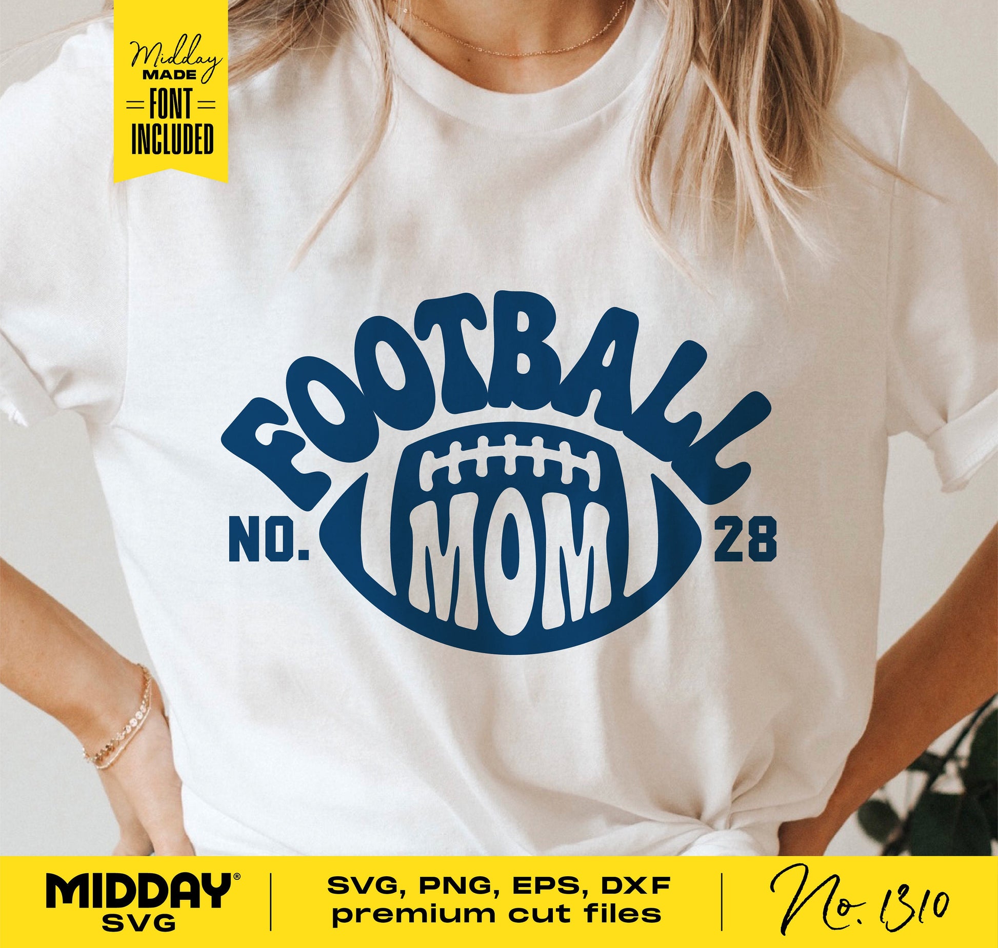 Football Mom graphic on white t-shirt, includes SVG, PNG, EPS, DXF cut files, ideal for Cricut projects and sublimation designs.
