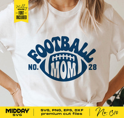 Football Mom graphic on white t-shirt, includes SVG, PNG, EPS, DXF cut files, ideal for Cricut projects and sublimation designs.