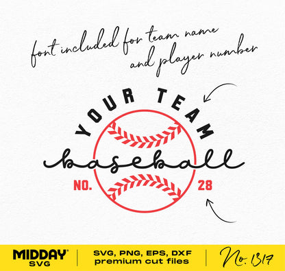 Baseball SVG template with customizable team name and player number, featuring stitches design for Cricut projects and team shirts.