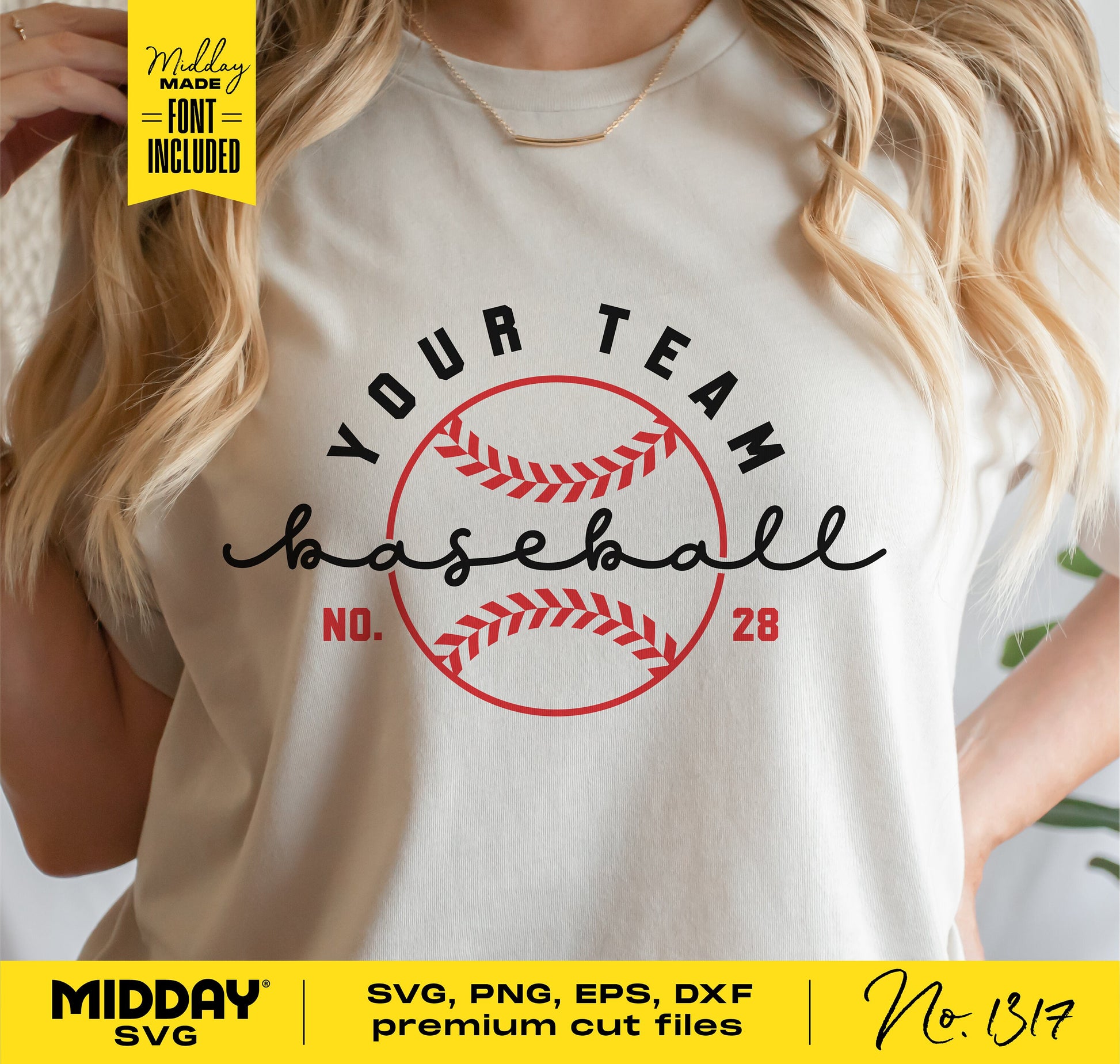 Woman wearing a shirt with DIY baseball SVG design, team name and number template, ideal for sports mom and team apparel.