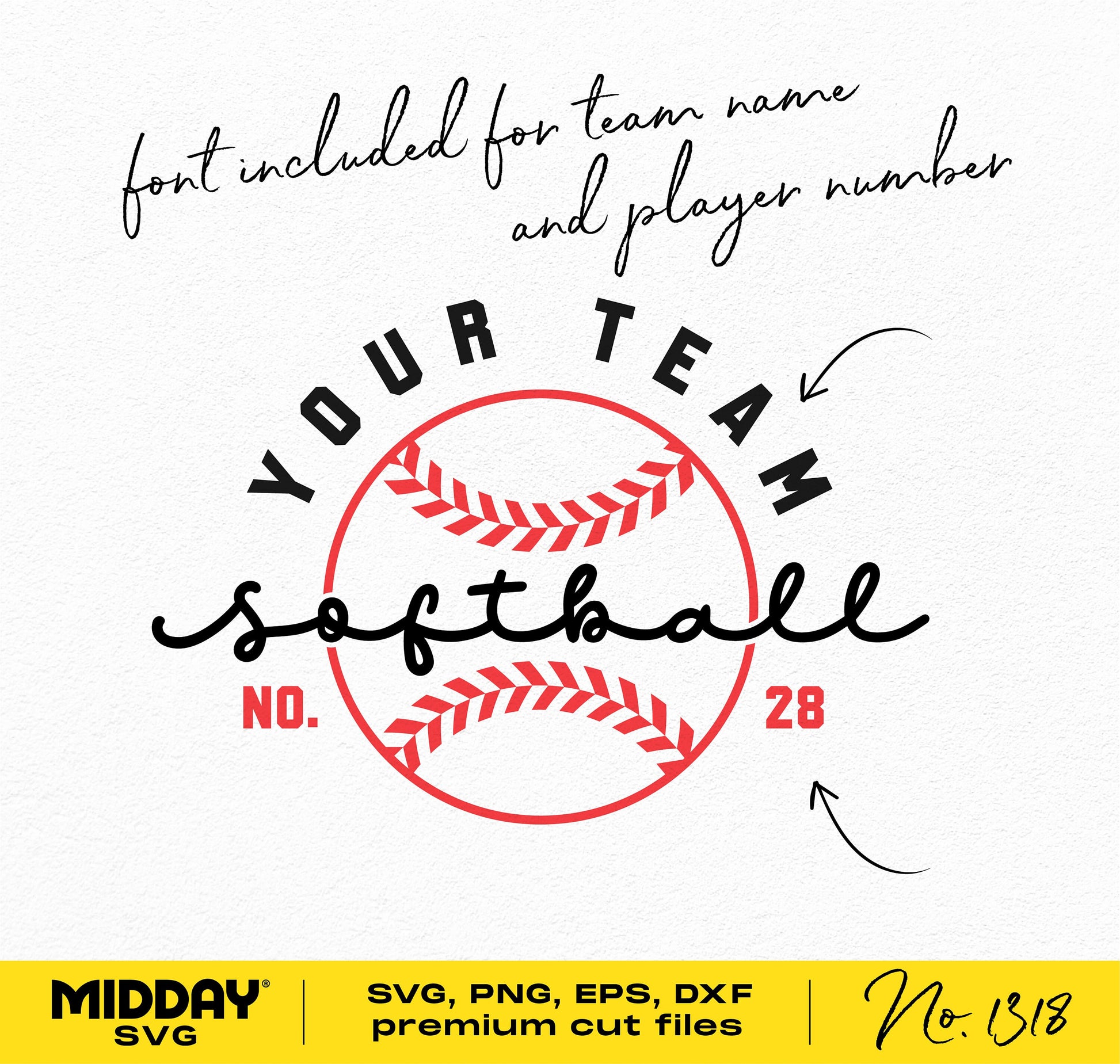 Customizable softball SVG with team name and player number, includes font for DIY projects, perfect for Cricut and sublimation designs.