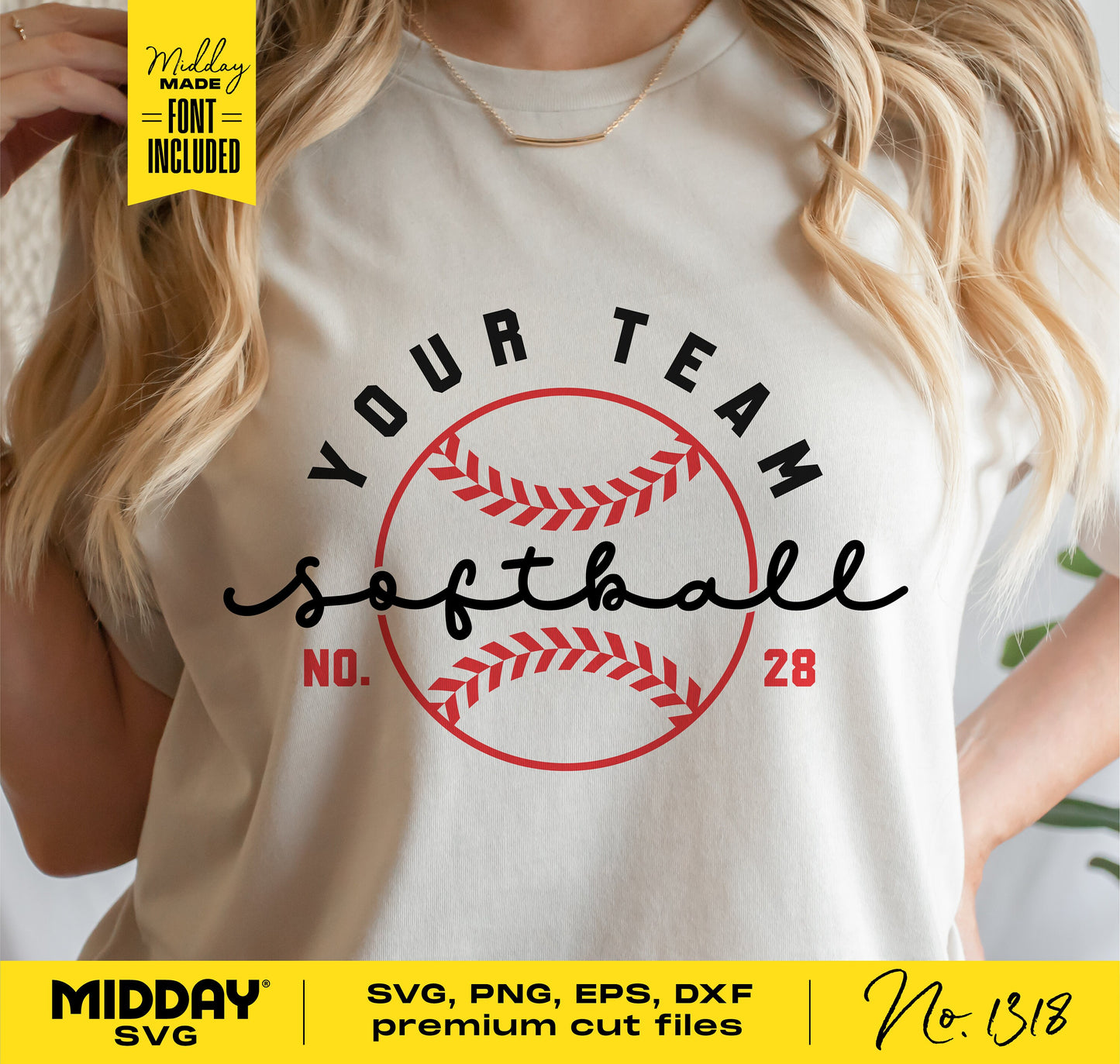 Personalized softball shirt with team name, red laces design, and number 28, using custom SVG cut file for Cricut.