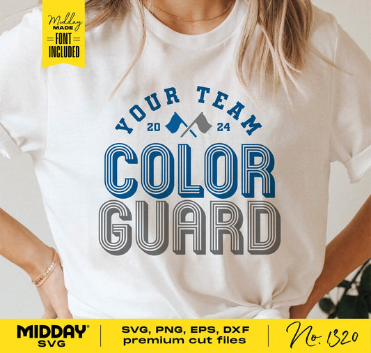 Person wearing a Color Guard team shirt featuring stylish typography, ideal for use with Cricut, Silhouette, and sublimation projects.