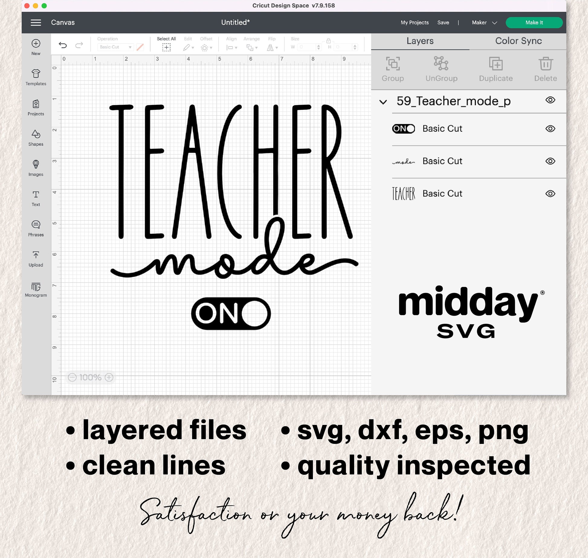 SVG design for "Teacher Mode On" with layered files, suitable for Cricut and Silhouette. Includes SVG, DXF, EPS, PNG formats.