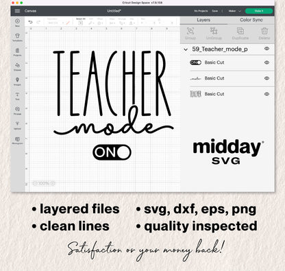 SVG design for "Teacher Mode On" with layered files, suitable for Cricut and Silhouette. Includes SVG, DXF, EPS, PNG formats.