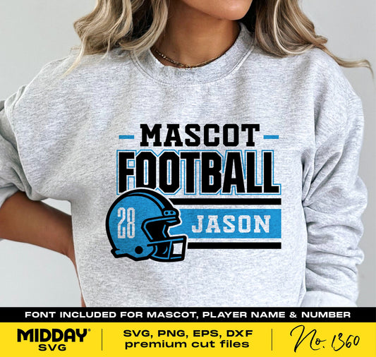 Person wearing a sweatshirt featuring a football team design with helmet, number 28, name Jason, and word 'Mascot Football' in blue and black.