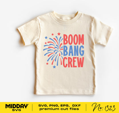 Children's t-shirt with Boom Bang Crew fireworks design for 4th of July. Available in SVG, PNG, EPS, DXF formats for Cricut and sublimation.