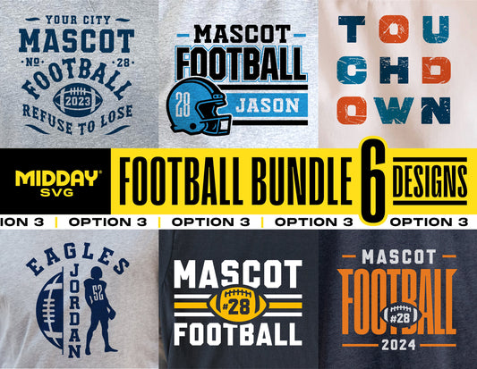 Football Team Template Bundle featuring six designs including player shirts, football logos, and text for Cricut and Silhouette projects.