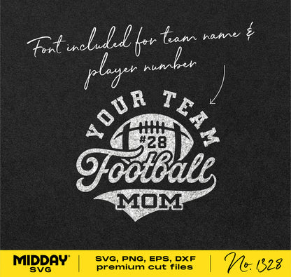 Football Mom SVG design with customizable team name and player number for shirts, tumblers, and hats. Includes SVG, PNG, EPS, DXF formats.