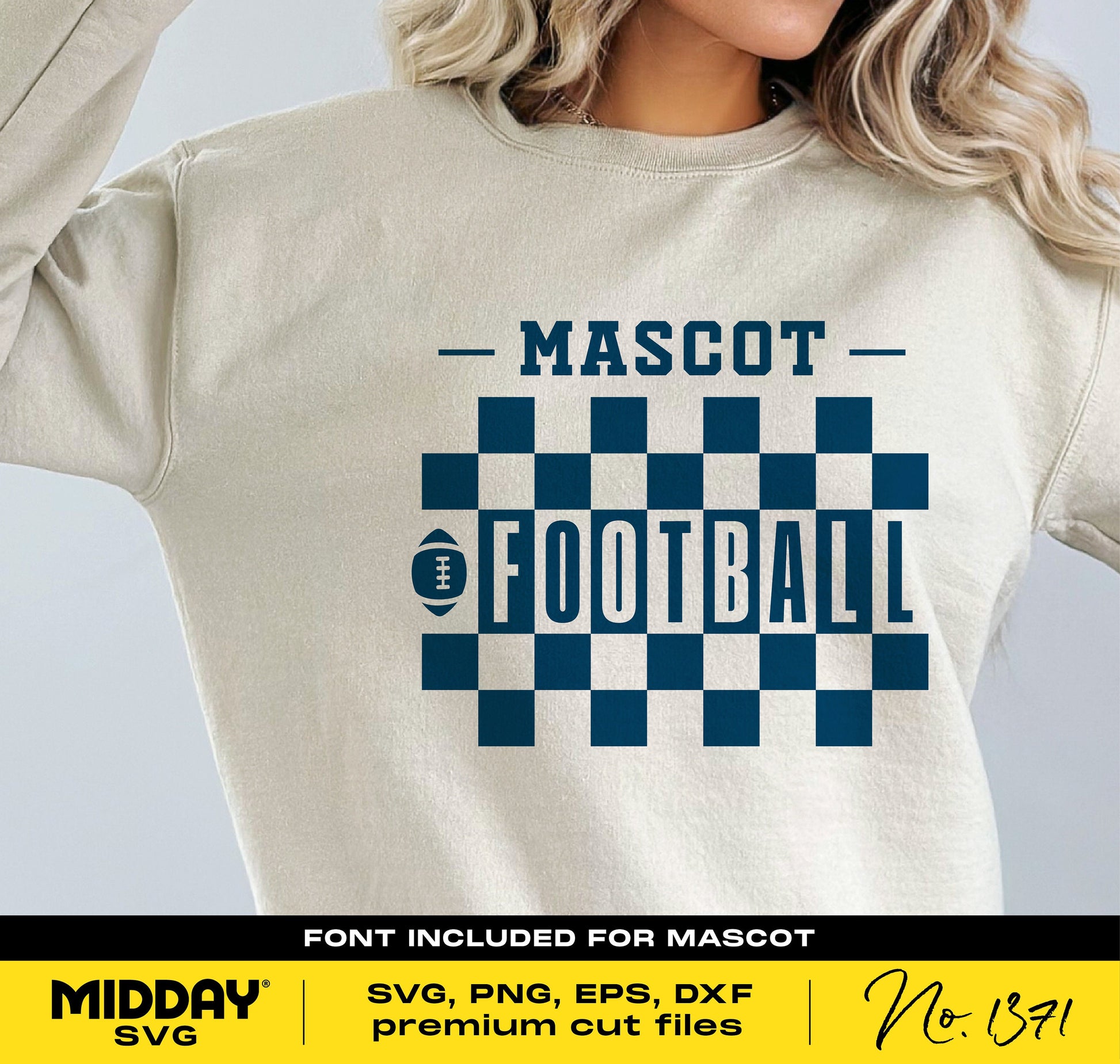Football SVG for shirts with customizable team template, includes mascot font and checkered design for Cricut and sublimation printing