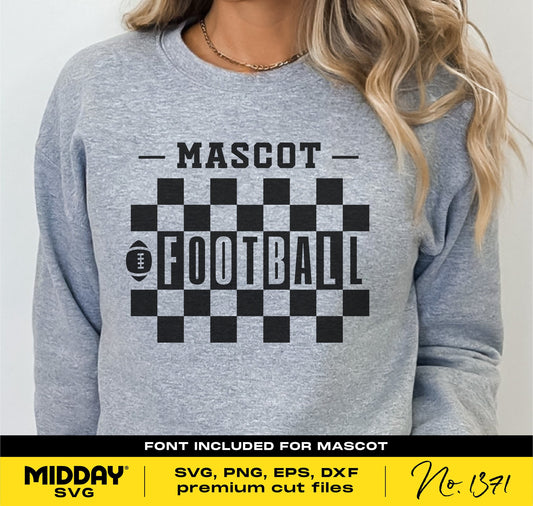 Person wearing a sweatshirt with a checkered 'Mascot Football' design, showcasing SVG, PNG, EPS, DXF template for Cricut and shirt designs.