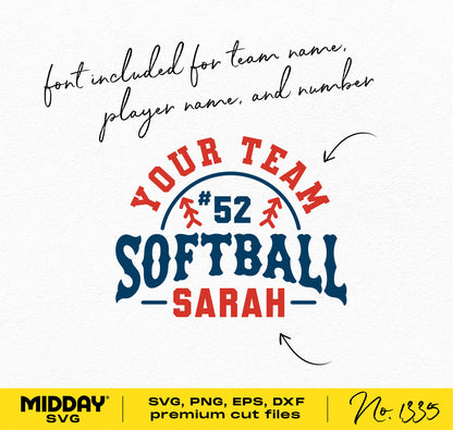 Softball team logo SVG design template with customizable name and number for Cricut crafting, includes font for personalization.