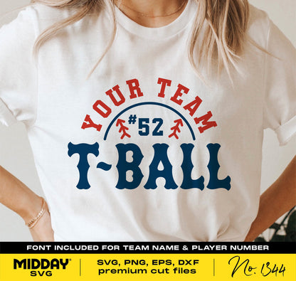 White t-shirt with customizable T-Ball team design featuring team name and player number for Cricut and sublimation projects.