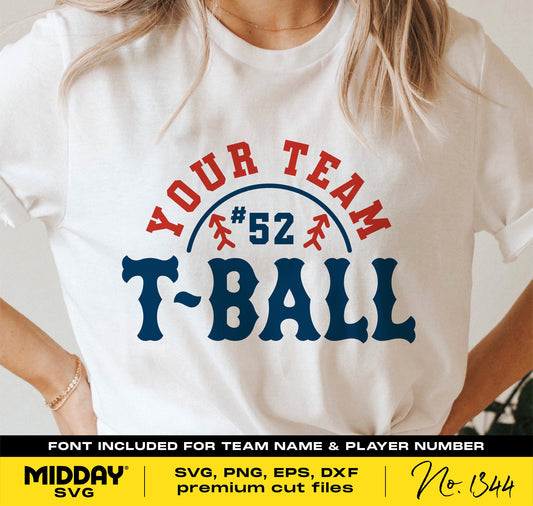 White t-shirt with customizable T-Ball team design featuring team name and player number for Cricut and sublimation projects.