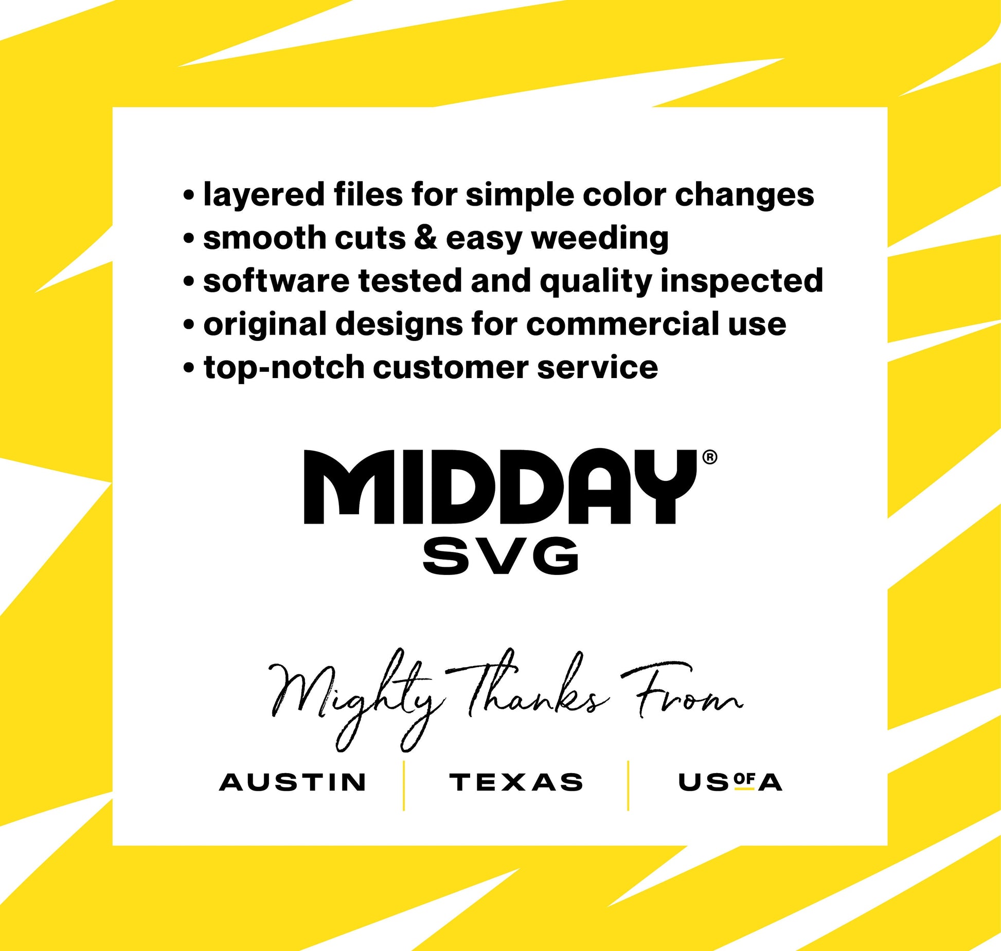 Midday SVG promotional display highlighting key features such as layered files, smooth cuts, quality inspection, and original designs.