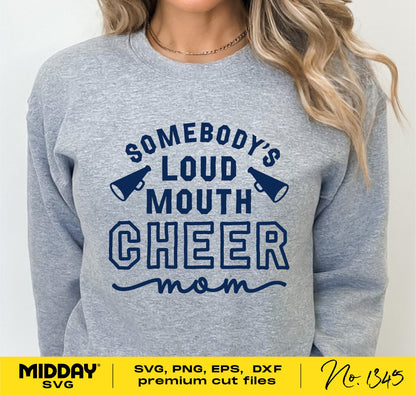 Gray sweatshirt with 'Somebody's Loud Mouth Cheer Mom' design, featuring megaphones. Ideal for cheerleading SVG and Cricut projects.