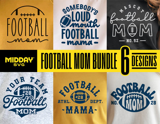 Football Mom SVG Bundle featuring six designs for Cricut and Silhouette, perfect for team shirts, sublimation, and sports mom apparel.