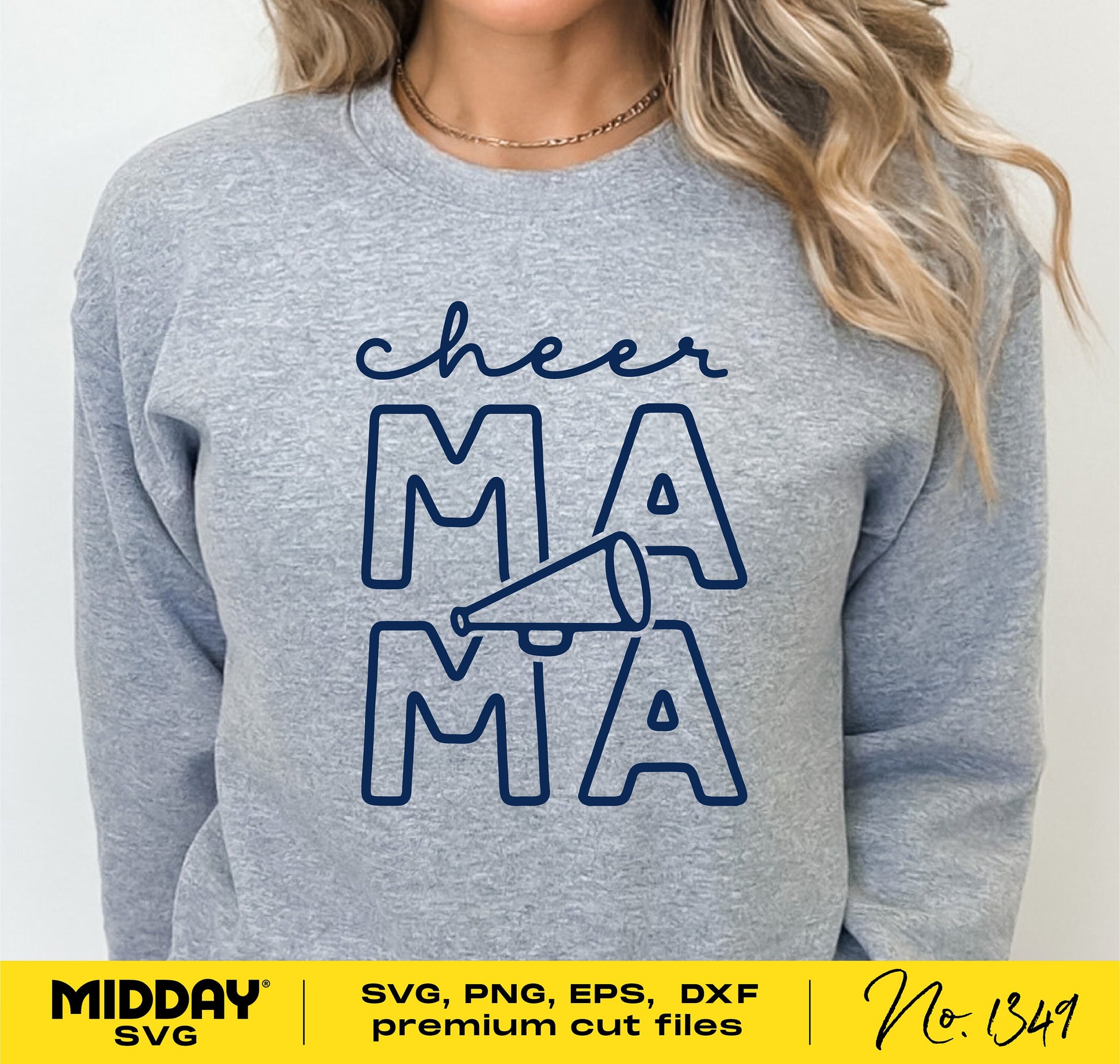 Cheer Mama design on gray sweatshirt, perfect for Cricut and sublimation, includes SVG, PNG, EPS, DXF formats.