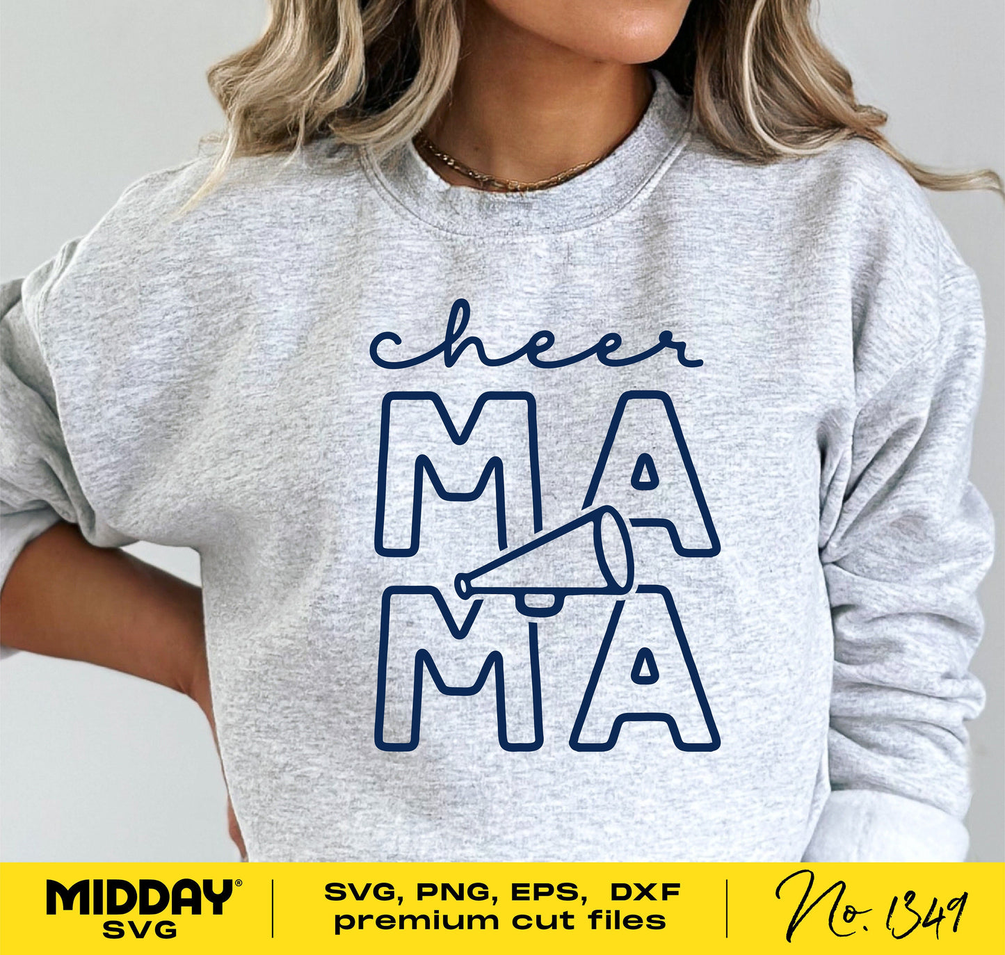 Woman wearing Cheer Mama sweatshirt with SVG PNG EPS DXF design for Cricut and sublimation from Midday SVG, No. 1349.