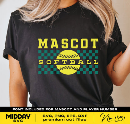 Black t-shirt with checkered softball logo and 'MASCOT SOFTBALL' text, suitable for customization with Cricut and sublimation projects.