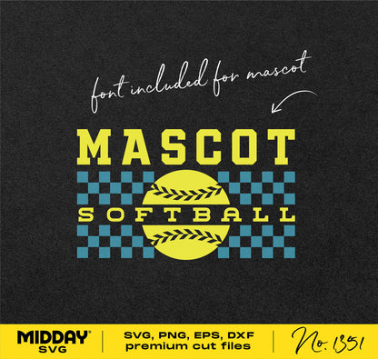 Checkered softball logo design with "Mascot" included, suitable for Cricut and sublimation. Available in SVG, PNG, DXF, EPS formats.