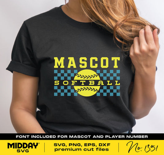 Softball team shirt with mascot design and checkered pattern, featuring SVG, PNG formats for Cricut and sublimation projects.